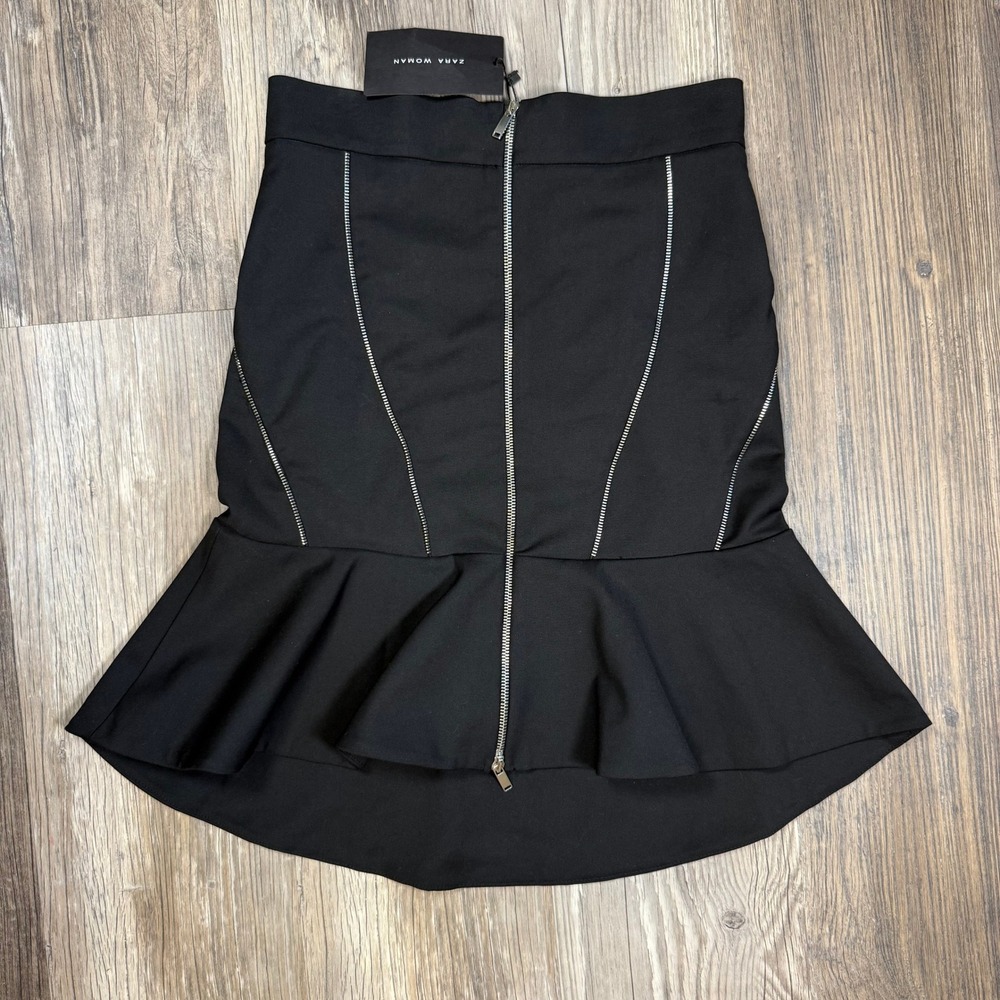 Zara Woman Gothcore Biker Edgy Black Peplum Mini Skirt Zipper Ruffle Hem M NWT